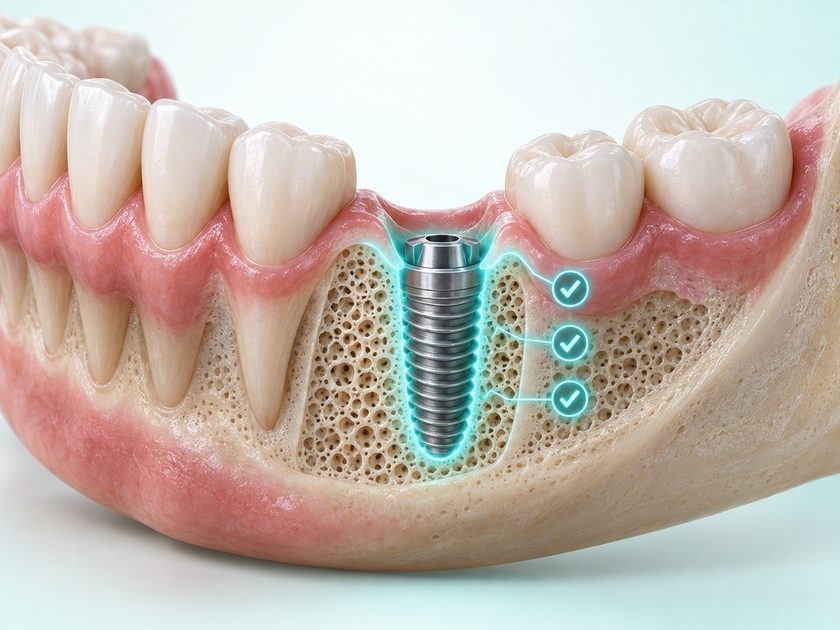İmplant tedavisi — çene kemiğine yerleştirilmiş titanyum implant kesiti